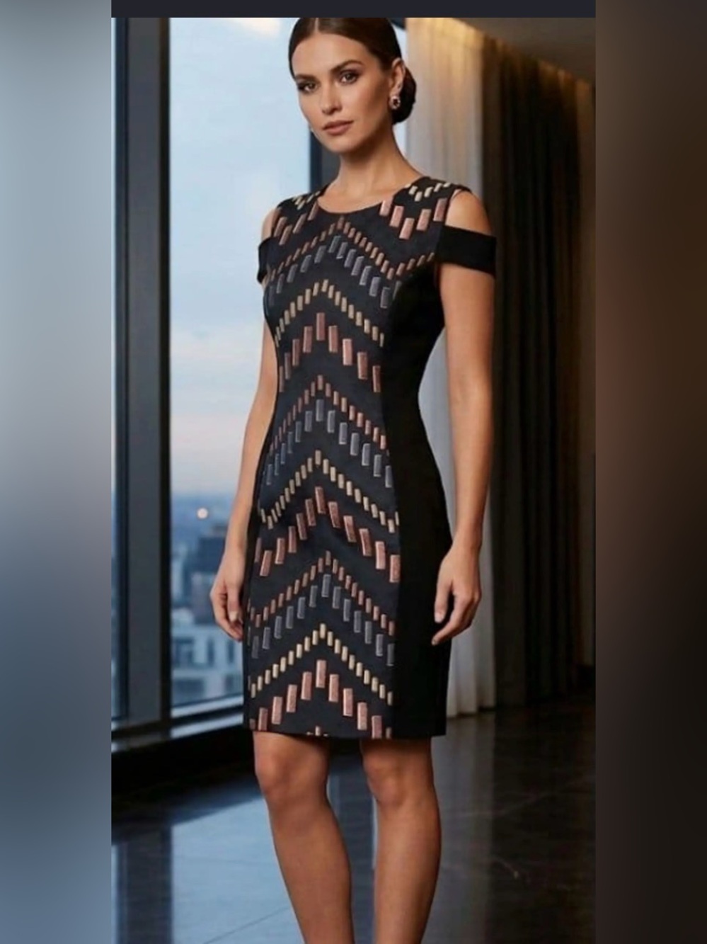 Ted Baker Black Cold-Shoulder Sheath Dress with Metallic Chevron Accents